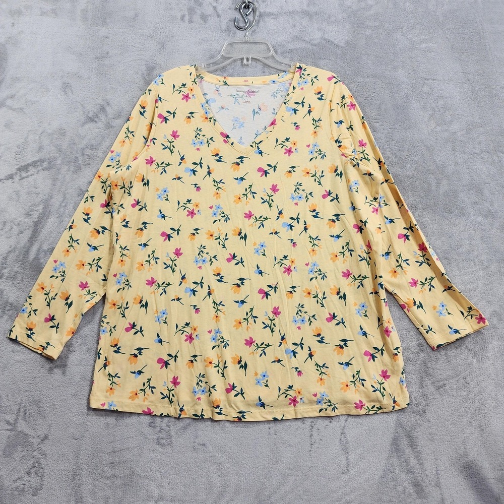 Woman Within Top Womens 18/20 L Yellow Floral V-Neck Long Sleeve Tunic Casual